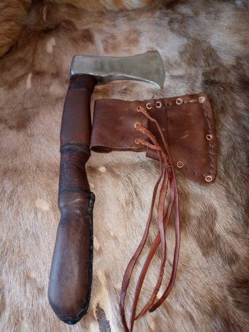 VIKING AXE HANDMADE WITH BEACHWOOD LEATHER COVERED HANDLE AND HANDMADE LEATHER SCABBARD