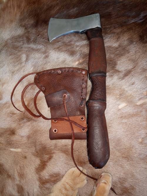 VIKING AXE HANDMADE WITH BEACHWOOD LEATHER COVERED HANDLE AND HANDMADE LEATHER SCABBARD