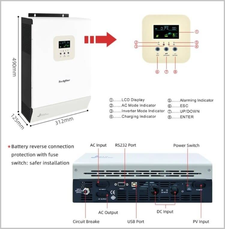 Hybrid Inverter 5500w Techfine GA5048MHB MPPT Pure Sine Wave Parallel Built-in 80A Charge Controller