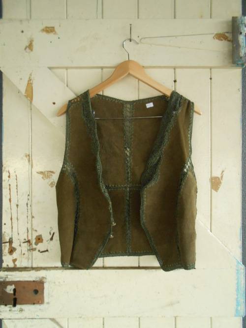 Vintage Brown Suede Waist Coat with Crochet Detailing (Medium / Large)