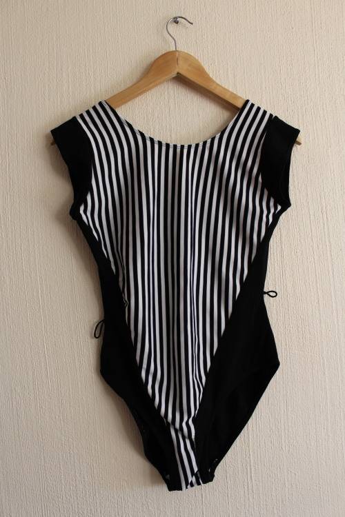 Vintage 90's Black and White Striped Body Suit (Medium / Large) Belted