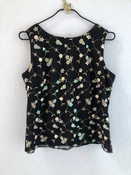 Black Top with Embroidery Detail and Button Up Back (Size 12)
