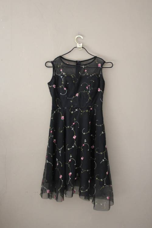Stunning Black Mesh Dress with Floral Detail (Small)