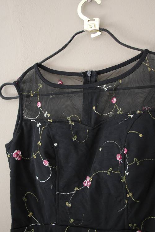 Stunning Black Mesh Dress with Floral Detail (Small)