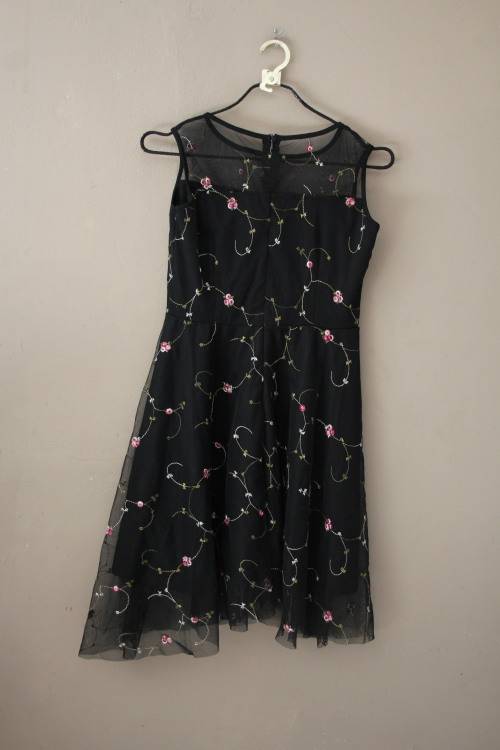 Stunning Black Mesh Dress with Floral Detail (Small)
