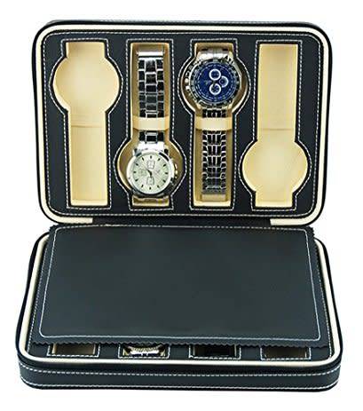8 Slots Zippered Watch Box Traveler's Black Watch Storage Case Organizer