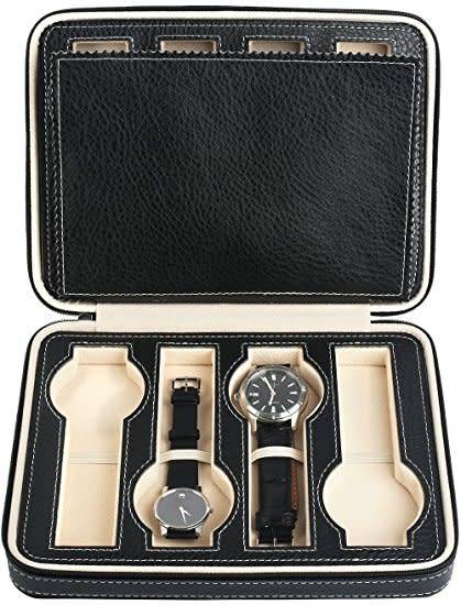 8 Slots Zippered Watch Box Traveler's Black Watch Storage Case Organizer
