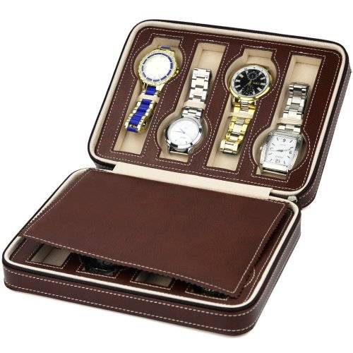 8 Slots Zippered Watch Box Traveler's Black Watch Storage Case Organizer