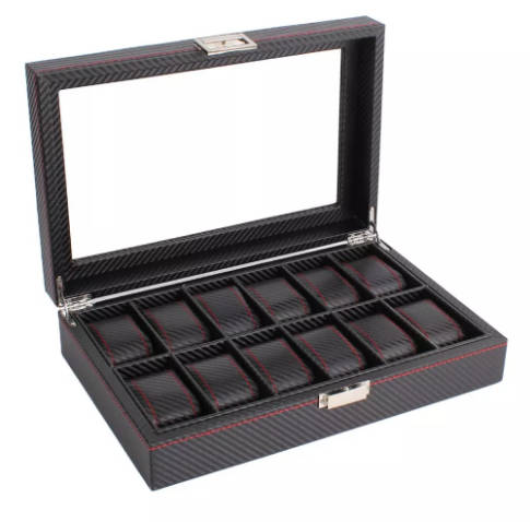 12 Slots Luxury Carbon Fiber Watch Box Jewelry Watch Display Storage Holder Rectangle Black Leather