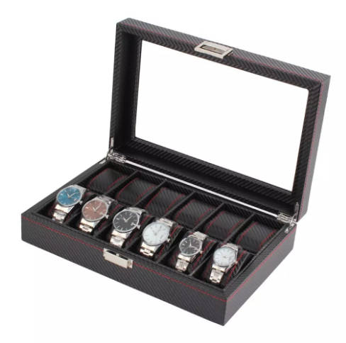 12 Slots Luxury Carbon Fiber Watch Box Jewelry Watch Display Storage Holder Rectangle Black Leather
