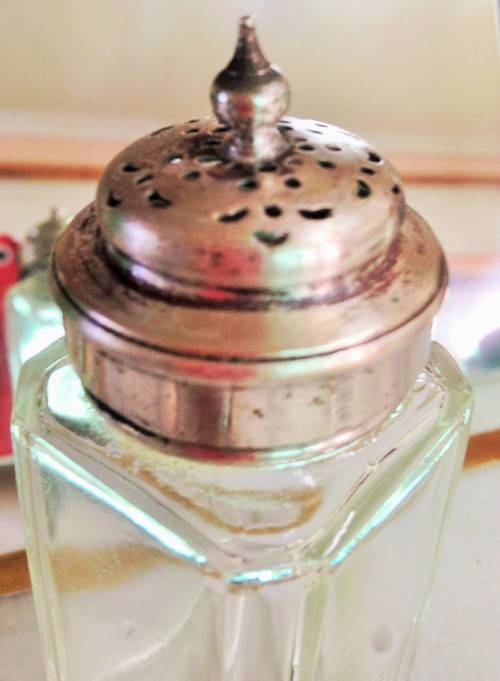 1 Powder shaker glass bottle SQUARE edges TOP SILVER TONE METAL COLLAR +LID EPNS finial dome shape