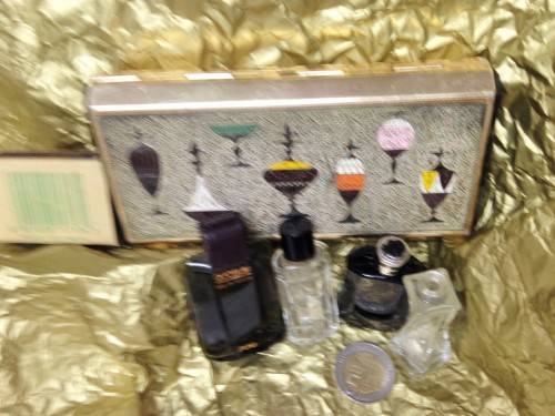 4 miniPERFUME BOTTLESempty+Brass Box not set LOOK At My BUY NOW LISTINGS NO WAITING