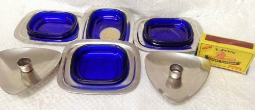 Danish*LUNDTOFTE STAINLESS STEEL*4 steel smallTRAYS+4COBOLT GLASS2CandleH*GREAT COUNTRY HOME DECOR*L