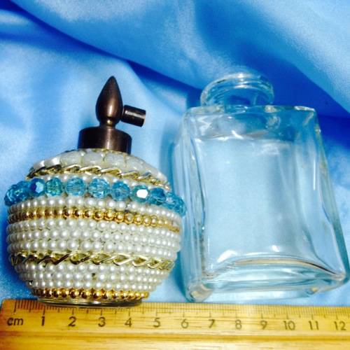 Perfume BOTTLES 1 antique has been Embellished with beads + one is clear glass no lid