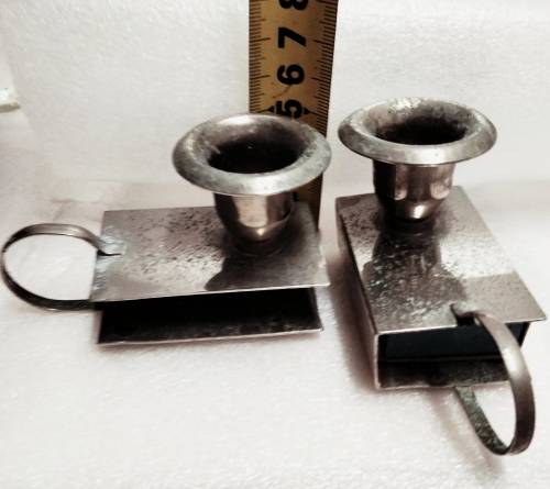 2 EPNS Finger loop candle holder match box Slot matching set