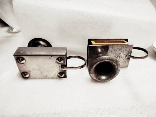 2 EPNS Finger loop candle holder match box Slot matching set