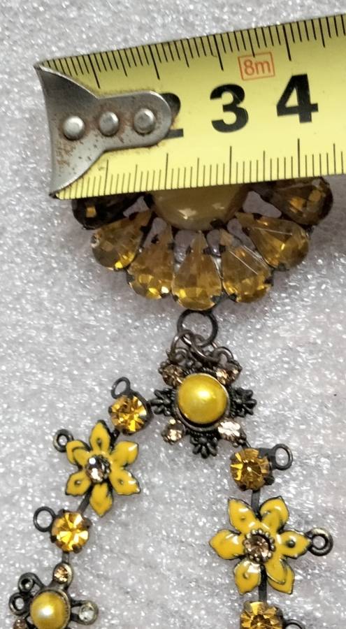 Necklace - CLOISONNE FLOWER big AMBER CRYSTALS GOLD TONE METAL