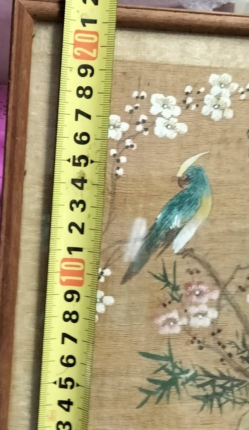 FRAMED Oriental painting artist signed  hand painted bird blue prunis flowers on silk fabric