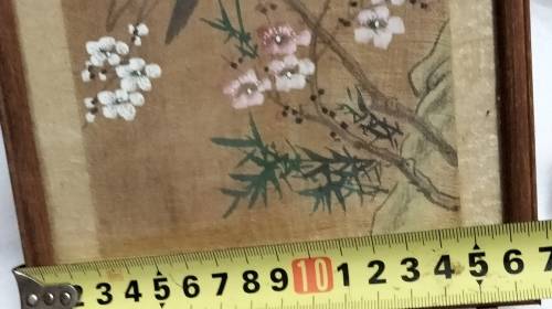 FRAMED Oriental painting artist signed  hand painted bird blue prunis flowers on silk fabric