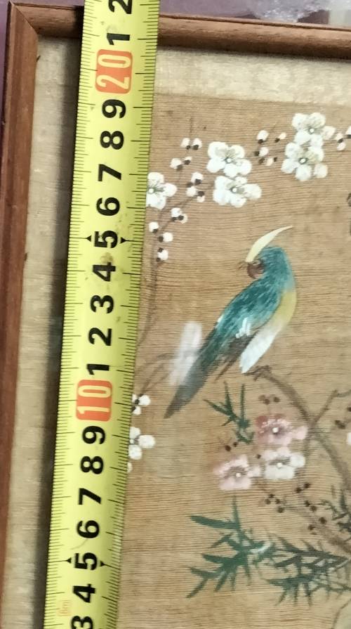 FRAMED Oriental painting artist signed  hand painted bird blue prunis flowers on silk fabric