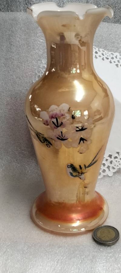 VASE - Opaline Peach Lustre White cased frilled edges Prunis flowers bird - Hand blown