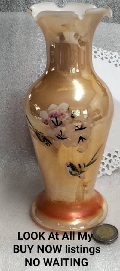 VASE - Opaline Peach Lustre White cased frilled edges Prunis flowers bird - Hand blown