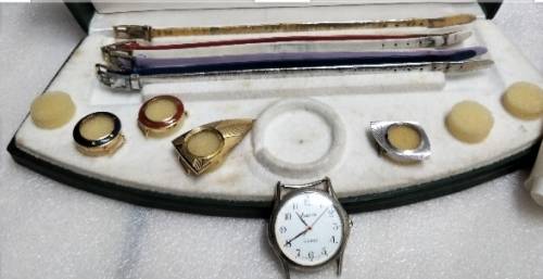 4 Tops-3 10 CT gold filled STAMPED Watch face tops-Watch 6 Straps 1 Box 1 Edwin Quartz not tested