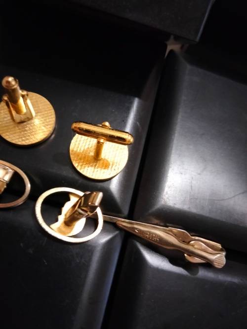 Cufflinks + Tie Clip - Riffle MOP 1 pair FNB tree script 10+1pr Roman Centurion Gold Tone metal