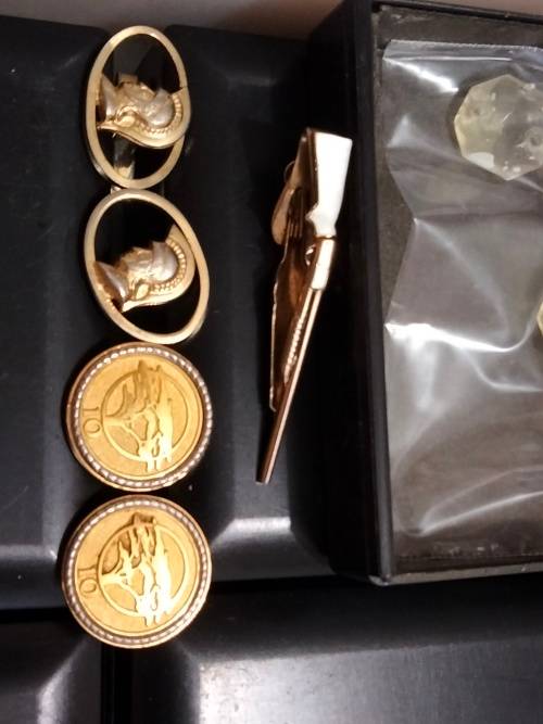 Cufflinks + Tie Clip - Riffle MOP 1 pair FNB tree script 10+1pr Roman Centurion Gold Tone metal