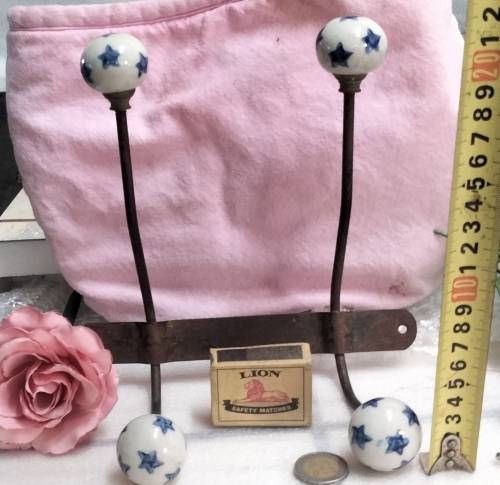 metal Wall mount Hooks 2 Double 4 porcelain blue stars Look at my Buy Now listings No Waiting