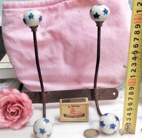 metal Wall mount Hooks 2 Double 4 porcelain blue stars Look at my Buy Now listings No Waiting