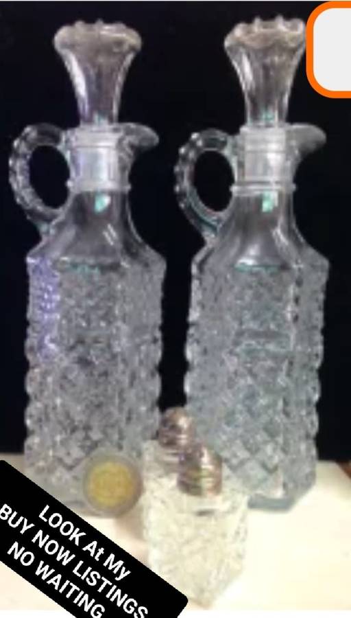 Cut Glass Crystal Oil+Vinegar Condiment set 2 decanters 2 salts EPNS lidLOOK At My BUY NOW LISTING