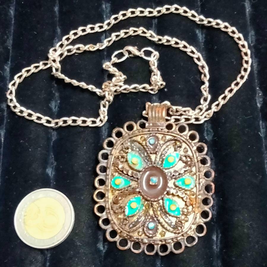 NECKLACE- Oxidised style PENDANT large square cloisonné flowers +New chain lobster clasp SILVER tone