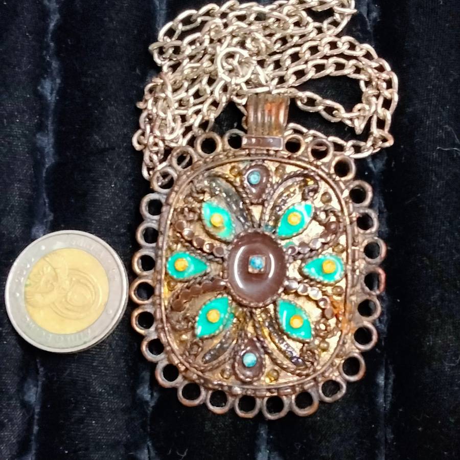 NECKLACE- Oxidised style PENDANT large square cloisonné flowers +New chain lobster clasp SILVER tone