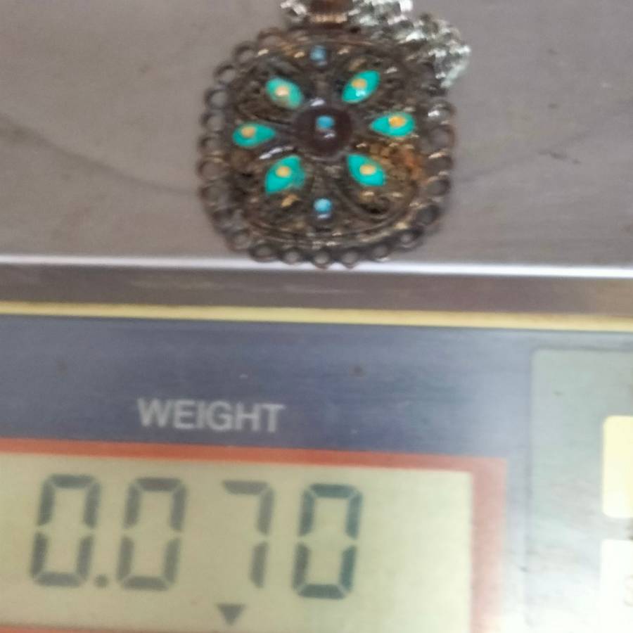 NECKLACE- Oxidised style PENDANT large square cloisonné flowers +New chain lobster clasp SILVER tone