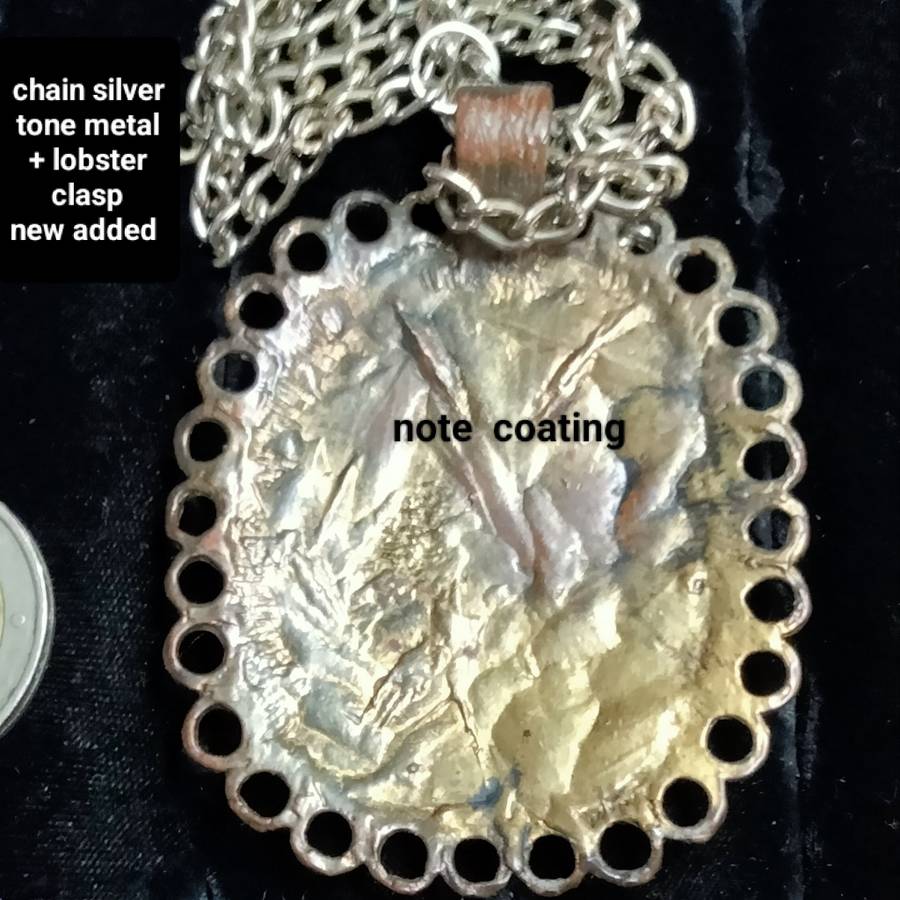 NECKLACE- Oxidised style PENDANT large square cloisonné flowers +New chain lobster clasp SILVER tone