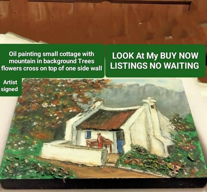 Painting Landscape Mountain trees house small Oil on board  scene Exquisite