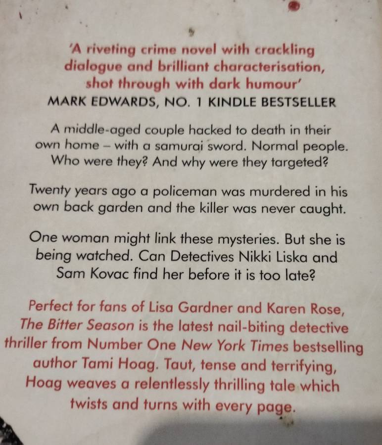 2 Books Author TAMI HOAG Kill the messenger+ The bitter season Soft cover Pre-owned