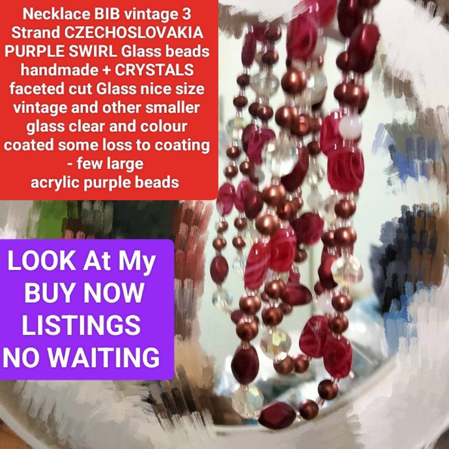Necklace Bib 3 strand Czechoslovakia Purple Swirl glass hand made+Crystals faceted cut glass beads