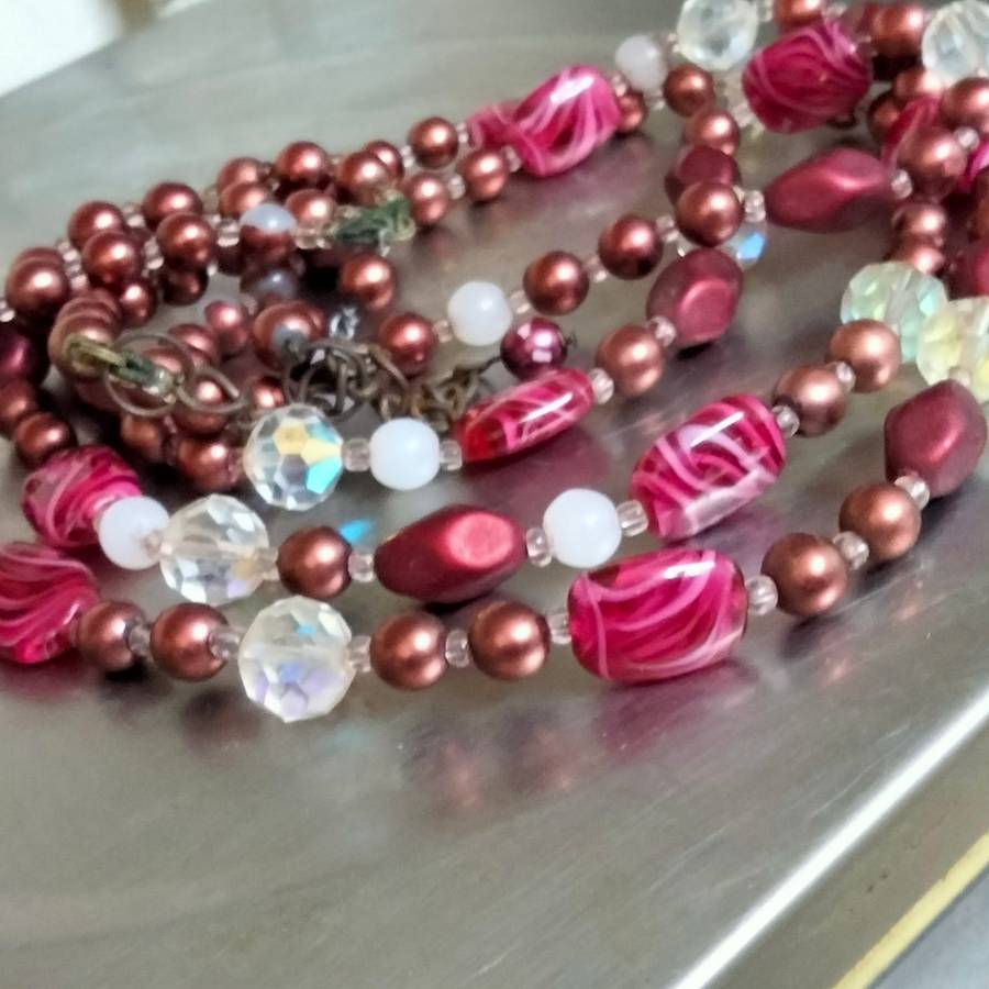 Necklace Bib 3 strand Czechoslovakia Purple Swirl glass hand made+Crystals faceted cut glass beads