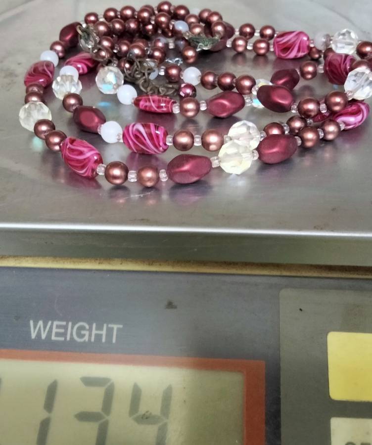 Necklace Bib 3 strand Czechoslovakia Purple Swirl glass hand made+Crystals faceted cut glass beads