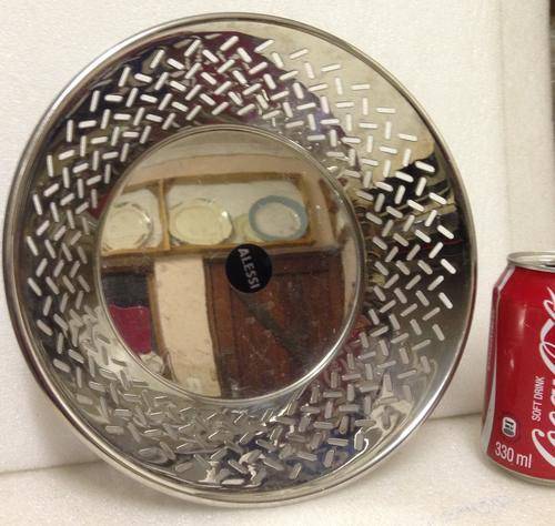 1 ALESSI Metal Bowl Basket Weave Cut out Pattern c1980Memphis Era desiger Ettore Sotisass Mirror Fin