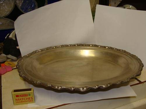 1SILVER PLATED TRAY WITH 4 FEET- DEEP CHUNKY ORNATELY RAISE DECORATED OUTER EDGE -