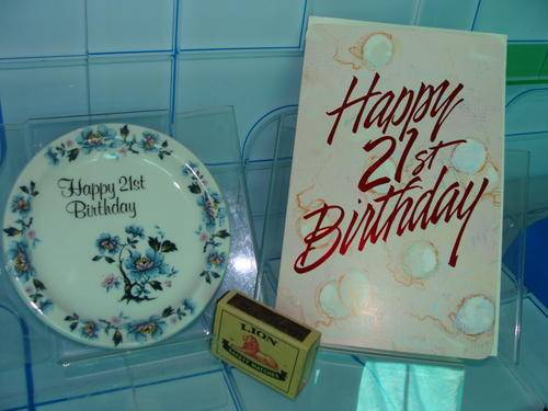 1 CONTINENTAL CERAMIC PIN TRAY-"HAPPY 21ST BIRTHDAY"+(FREE 21ST BIRTHDAY CARD a little grubby)