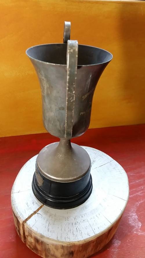 LARGE VINTAGE TROPHY WITH BADGES