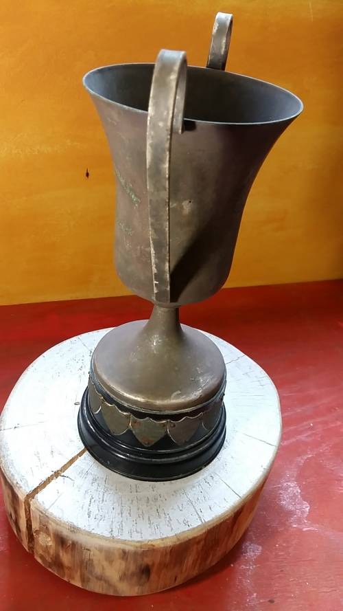 LARGE VINTAGE TROPHY WITH BADGES