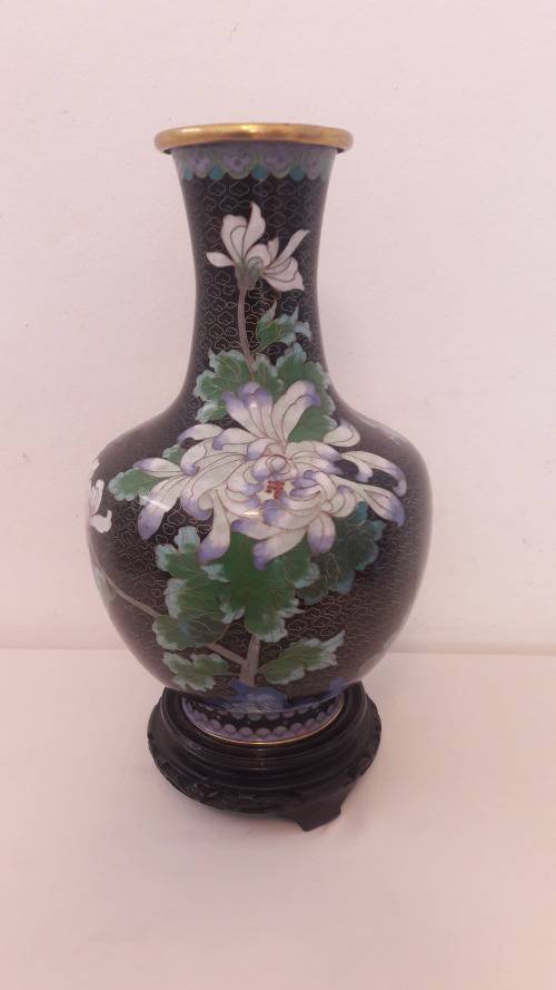 Vintage large Chinese cloisonne vase in famille noir style enamel on brass circa 1950