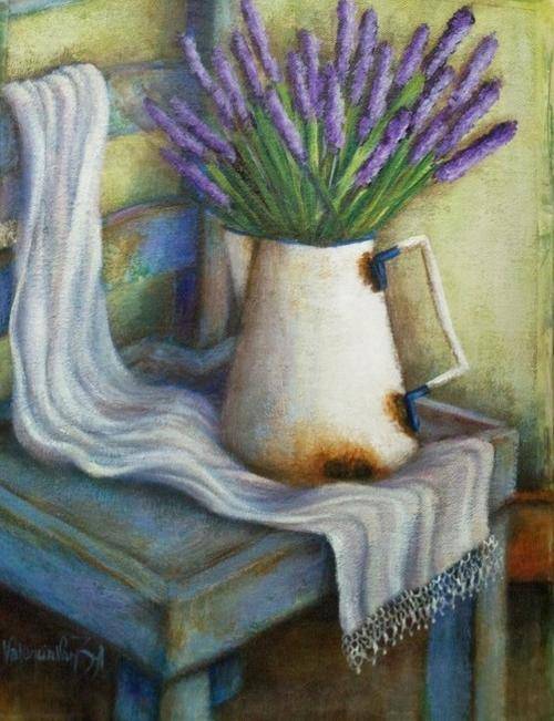 VALENCIA VAN ZYL - Lavender in Enamel Jug on chair - 29 cm x 38 cm - CANVAS