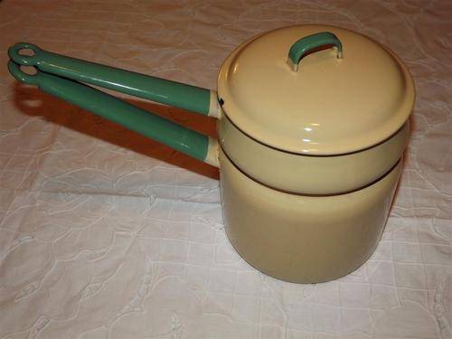 ANTIQUE KOCKUMS- MADE IN SWEDEN -  LARGE  YELLOW & GREEN ENAMEL DOUBLE BOILER WITH LID
