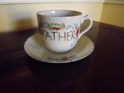 ANTIQUE  LARGE 'FATHER' CHINA HAND PAINTED CUP AND SAUCER -  MADE BY TUDOR